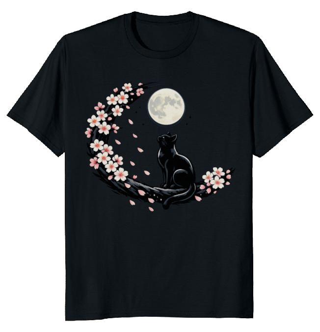 Moonlit Sakura Feline T-Shirt For Night Cat Lovers Serene Gifts For Men Women Boy Kids T-Shirt