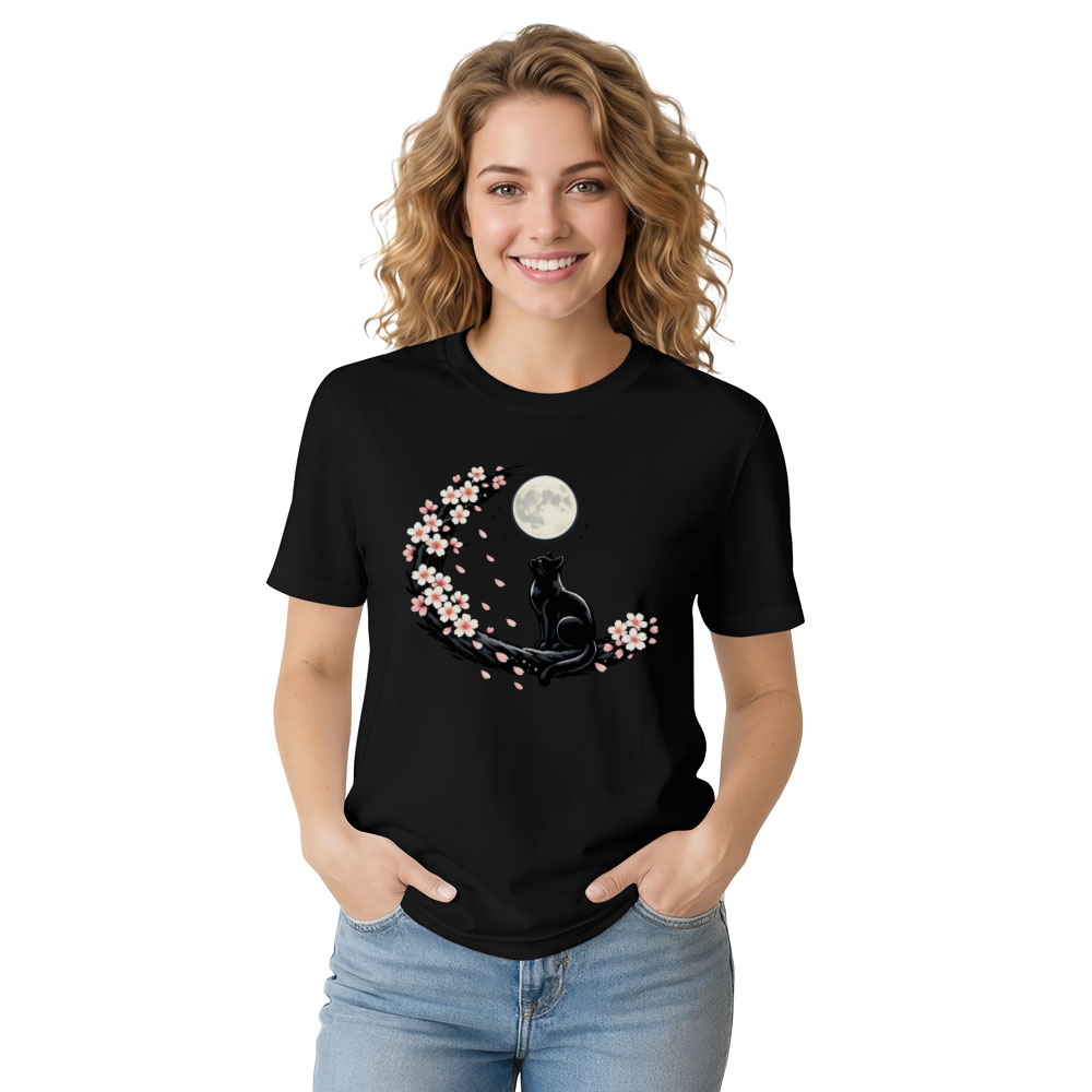 Moonlit Sakura Feline T-Shirt For Night Cat Lovers Serene Gifts For Men Women Boy Kids T-Shirt