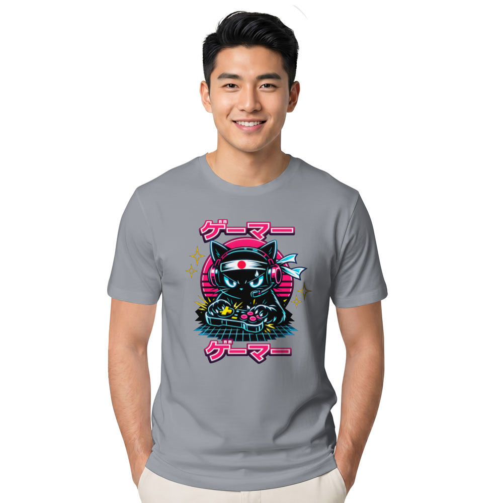 Otaku Gamer Cat Synthwave Graphic Tee Retro Gifts for Men Women Boy Kids T-Shirt