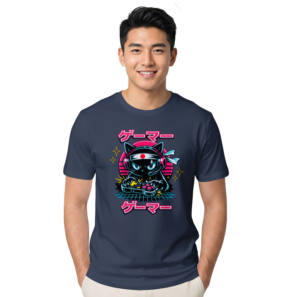 Otaku Gamer Cat Synthwave Graphic Tee Retro Gifts for Men Women Boy Kids T-Shirt