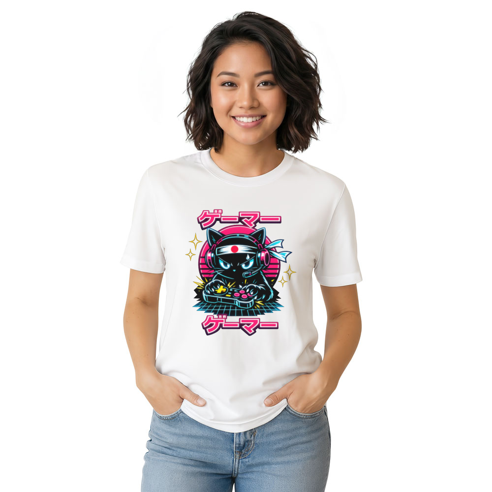 Otaku Gamer Cat Synthwave Graphic Tee Retro Gifts for Men Women Boy Kids T-Shirt