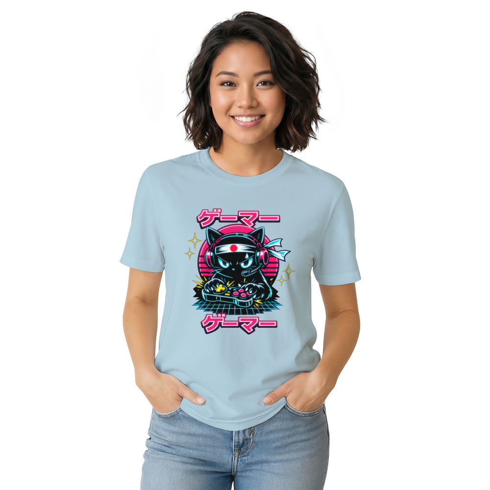 Otaku Gamer Cat Synthwave Graphic Tee Retro Gifts for Men Women Boy Kids T-Shirt