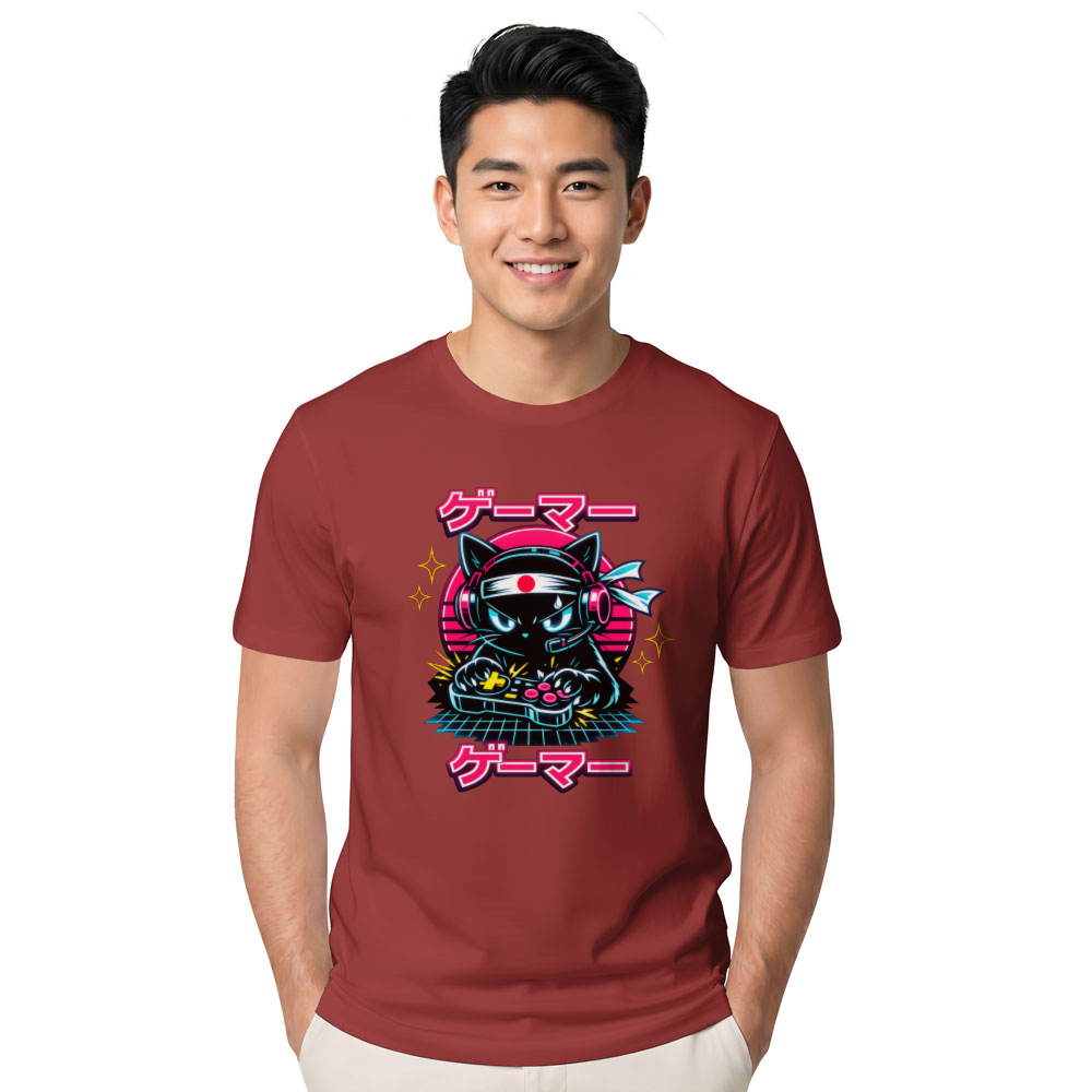 Otaku Gamer Cat Synthwave Graphic Tee Retro Gifts for Men Women Boy Kids T-Shirt