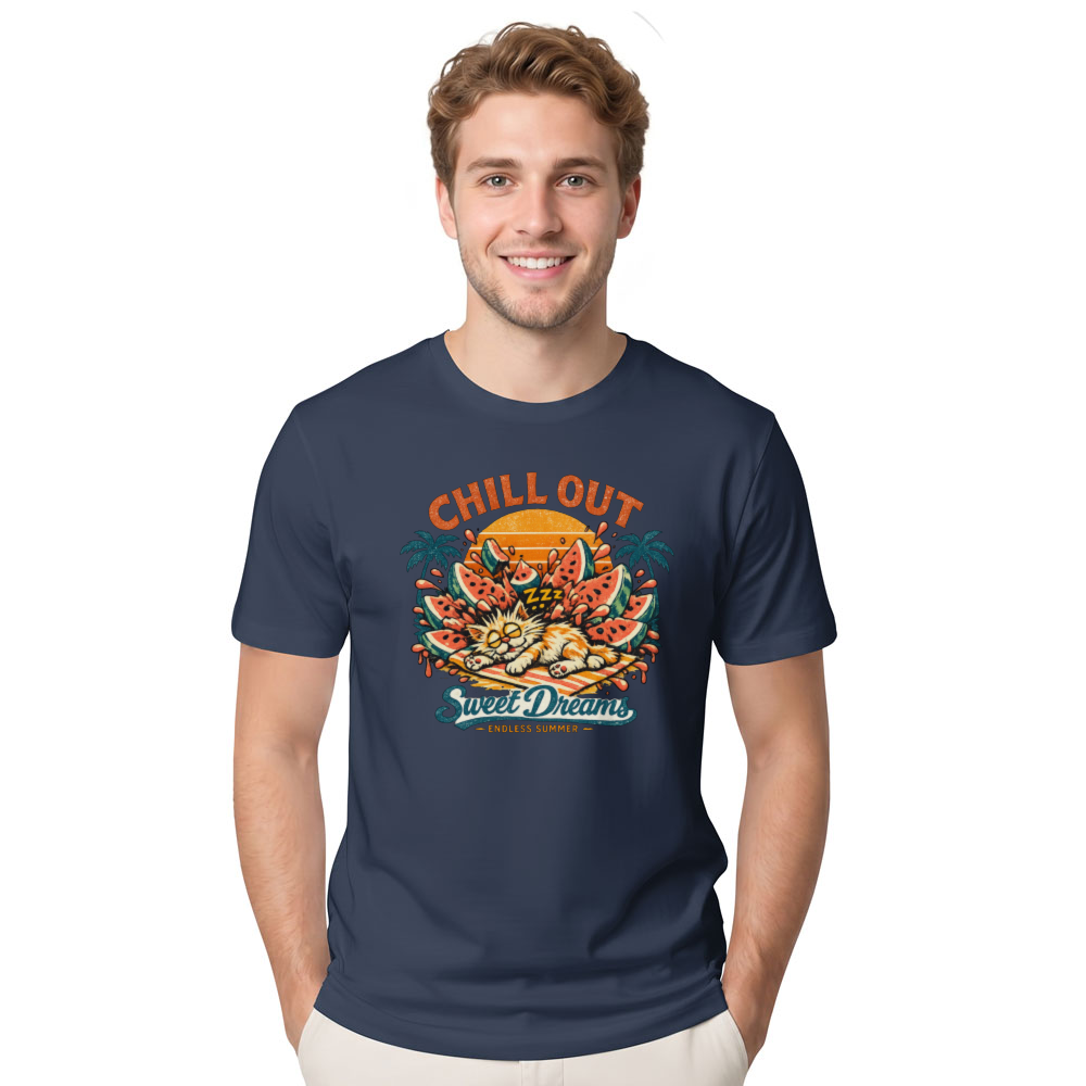Shocked Snoozing Watermelon Cat Retro Beach Graphic Funny Gifts for Men Women Boy Kids T-Shirt