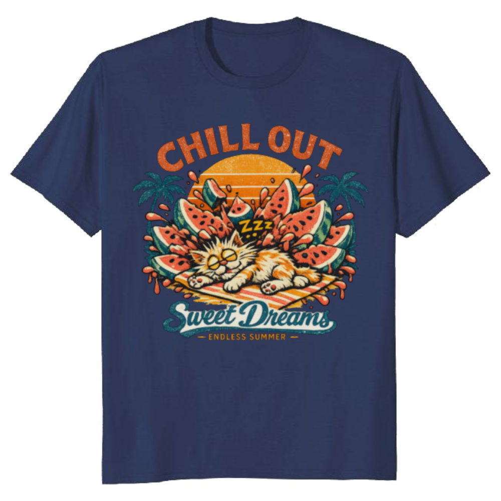 Shocked Snoozing Watermelon Cat Retro Beach Graphic Funny Gifts for Men Women Boy Kids T-Shirt