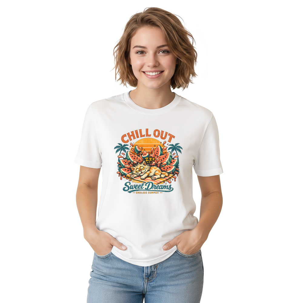 Shocked Snoozing Watermelon Cat Retro Beach Graphic Funny Gifts for Men Women Boy Kids T-Shirt