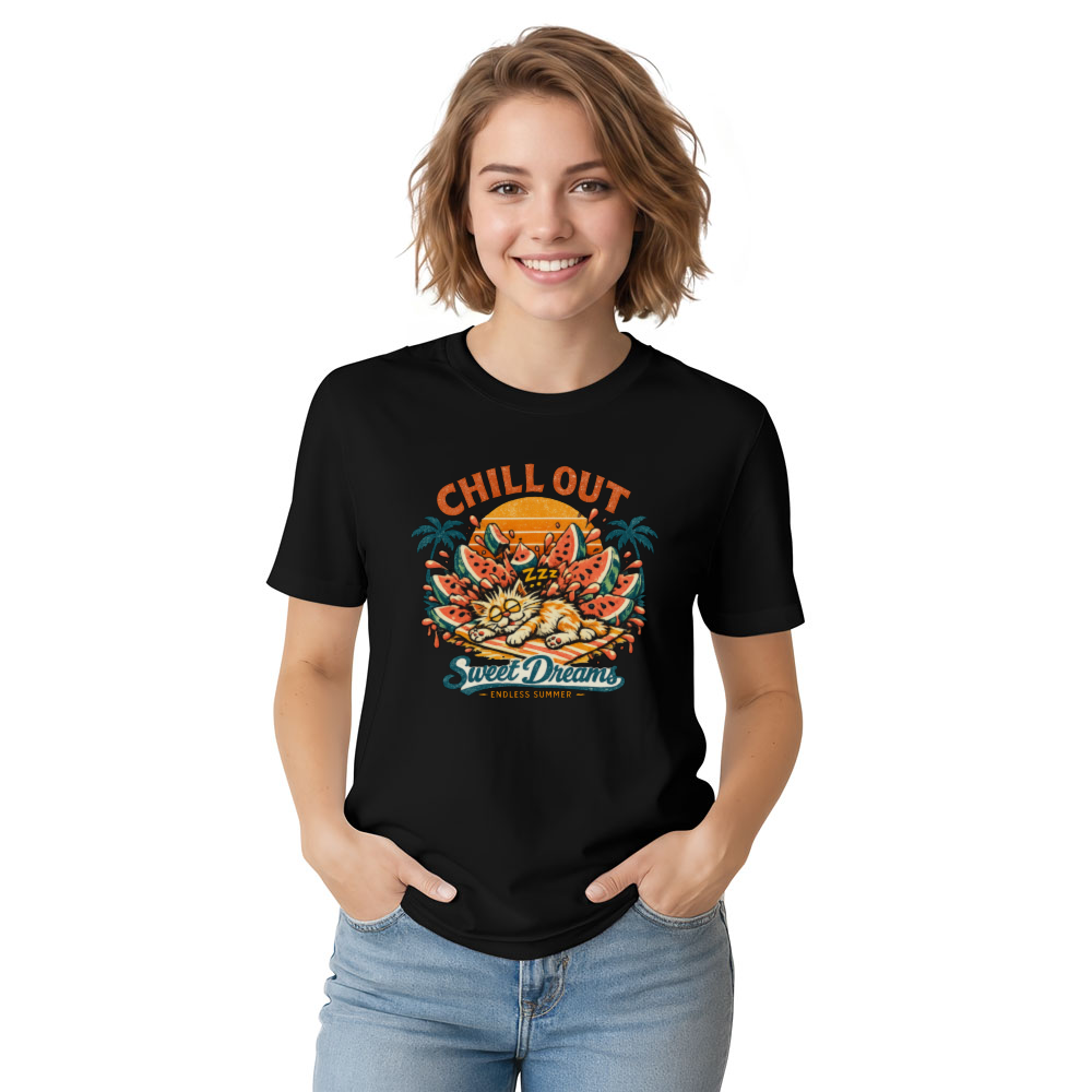 Shocked Snoozing Watermelon Cat Retro Beach Graphic Funny Gifts for Men Women Boy Kids T-Shirt