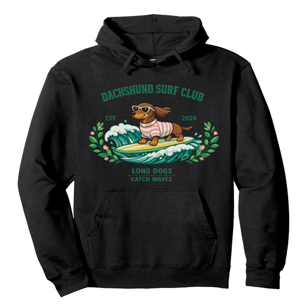 Dachshund Surf Club Pastel Collegiate Pullover Hoodie Surfing Doxie Graphic Cute Gifts for Men Women Boy Kids Pull Over Hoodie