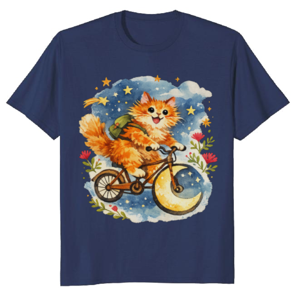 Celestial Whiskers Fluffy Orange Cat Bohemian Moon Rider Adventurous Gifts for Men Women Boy Kids T-Shirt