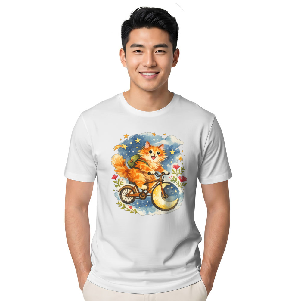 Celestial Whiskers Fluffy Orange Cat Bohemian Moon Rider Adventurous Gifts for Men Women Boy Kids T-Shirt