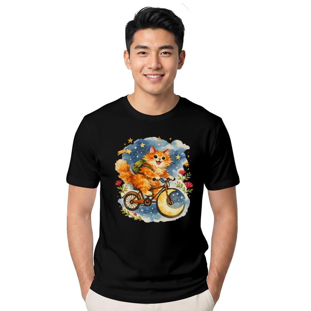 Celestial Whiskers Fluffy Orange Cat Bohemian Moon Rider Adventurous Gifts for Men Women Boy Kids T-Shirt