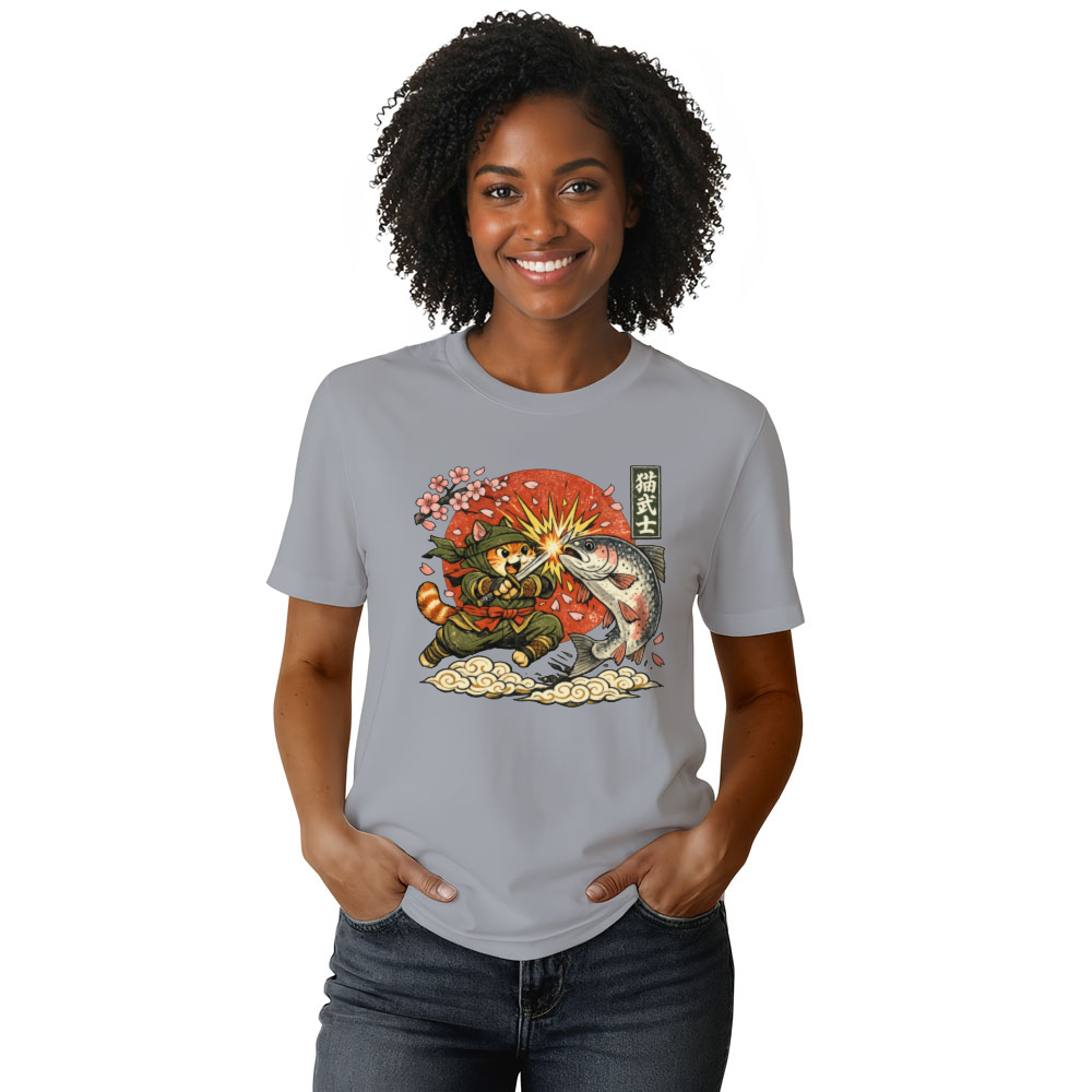 Neko Ninja Cat Vintage Japanese Graphic The Great Salmon Clash Funny Gifts for Men Women Boy Kids T-Shirt