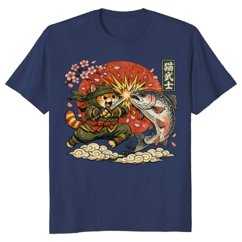 Neko Ninja Cat Vintage Japanese Graphic The Great Salmon Clash Funny Gifts for Men Women Boy Kids T-Shirt