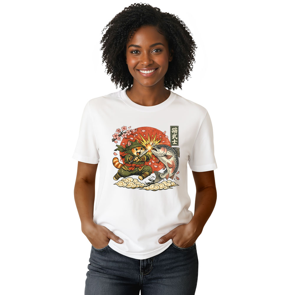 Neko Ninja Cat Vintage Japanese Graphic The Great Salmon Clash Funny Gifts for Men Women Boy Kids T-Shirt