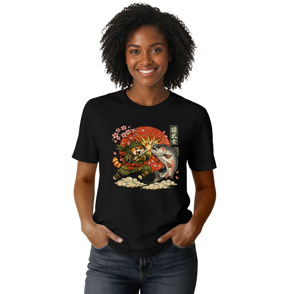 Neko Ninja Cat Vintage Japanese Graphic The Great Salmon Clash Funny Gifts for Men Women Boy Kids T-Shirt