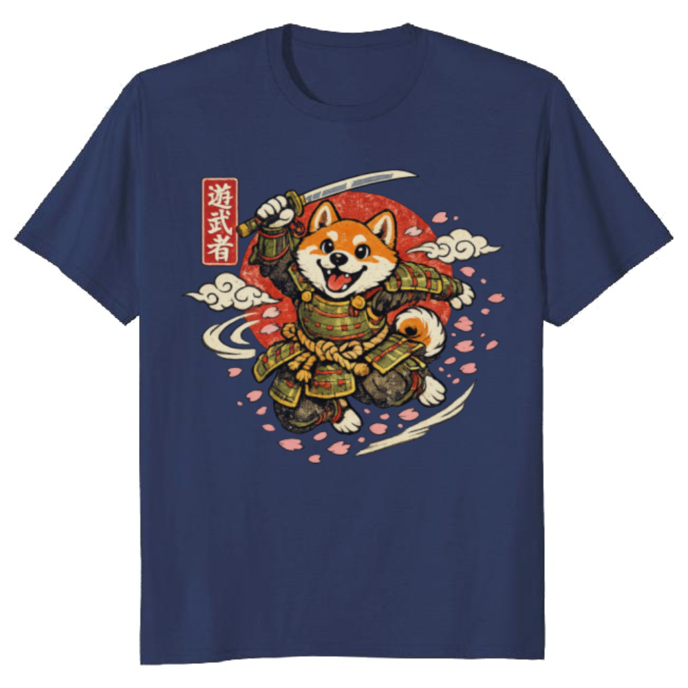 Sakura Strike Shiba Samurai T-Shirt Vintage Japanese Graphic Tee Whimsical Gifts for Men Women Boy Kids T-Shirt