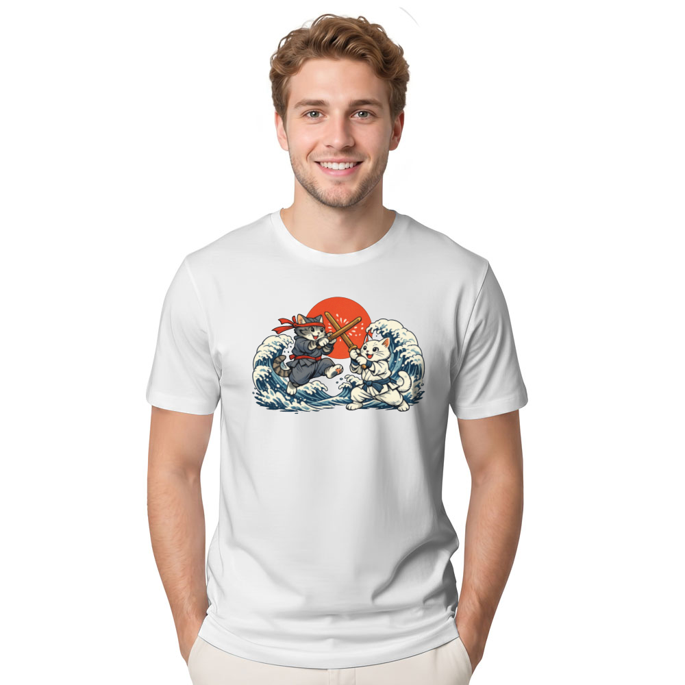 Ukiyoe Ninja Cat Ocean Wave T-Shirt For Feline Fans Playful Gifts for Men Women Boy Kids T-Shirt