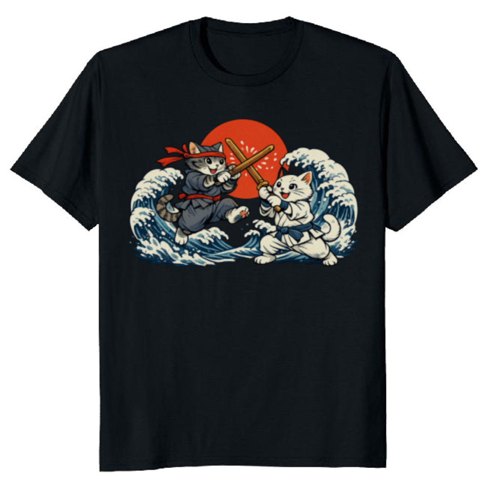 Ukiyoe Ninja Cat Ocean Wave T-Shirt For Feline Fans Playful Gifts for Men Women Boy Kids T-Shirt