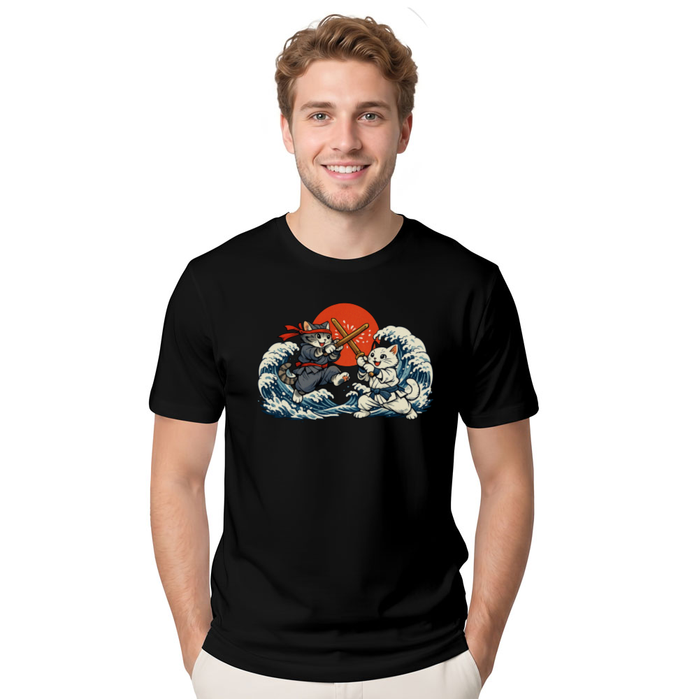 Ukiyoe Ninja Cat Ocean Wave T-Shirt For Feline Fans Playful Gifts for Men Women Boy Kids T-Shirt