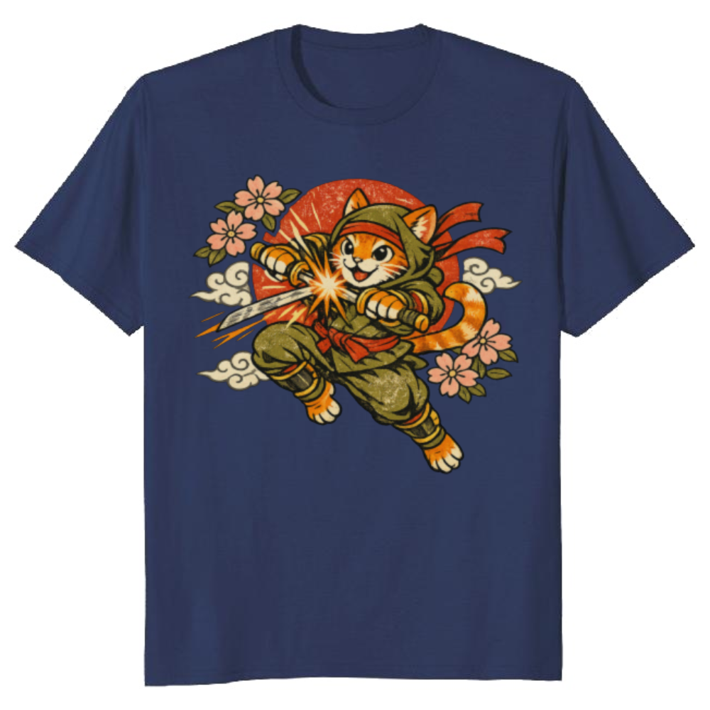 Neko Ninja Sakura Vintage Cat Graphic Tee Whimsical Gifts for Men Women Boy Kids T-Shirt