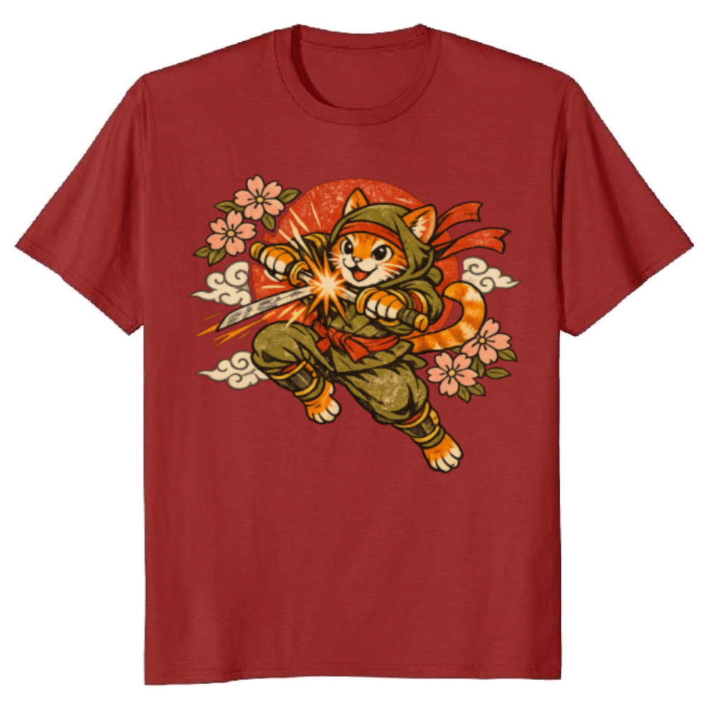 Neko Ninja Sakura Vintage Cat Graphic Tee Whimsical Gifts for Men Women Boy Kids T-Shirt