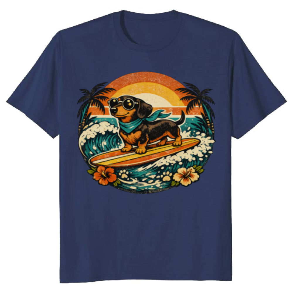 Long Boards & Short Paws 70s Surf Dachshund Retro Graphic Tee Cute Gifts for Men Women Boy Kids T-Shirt