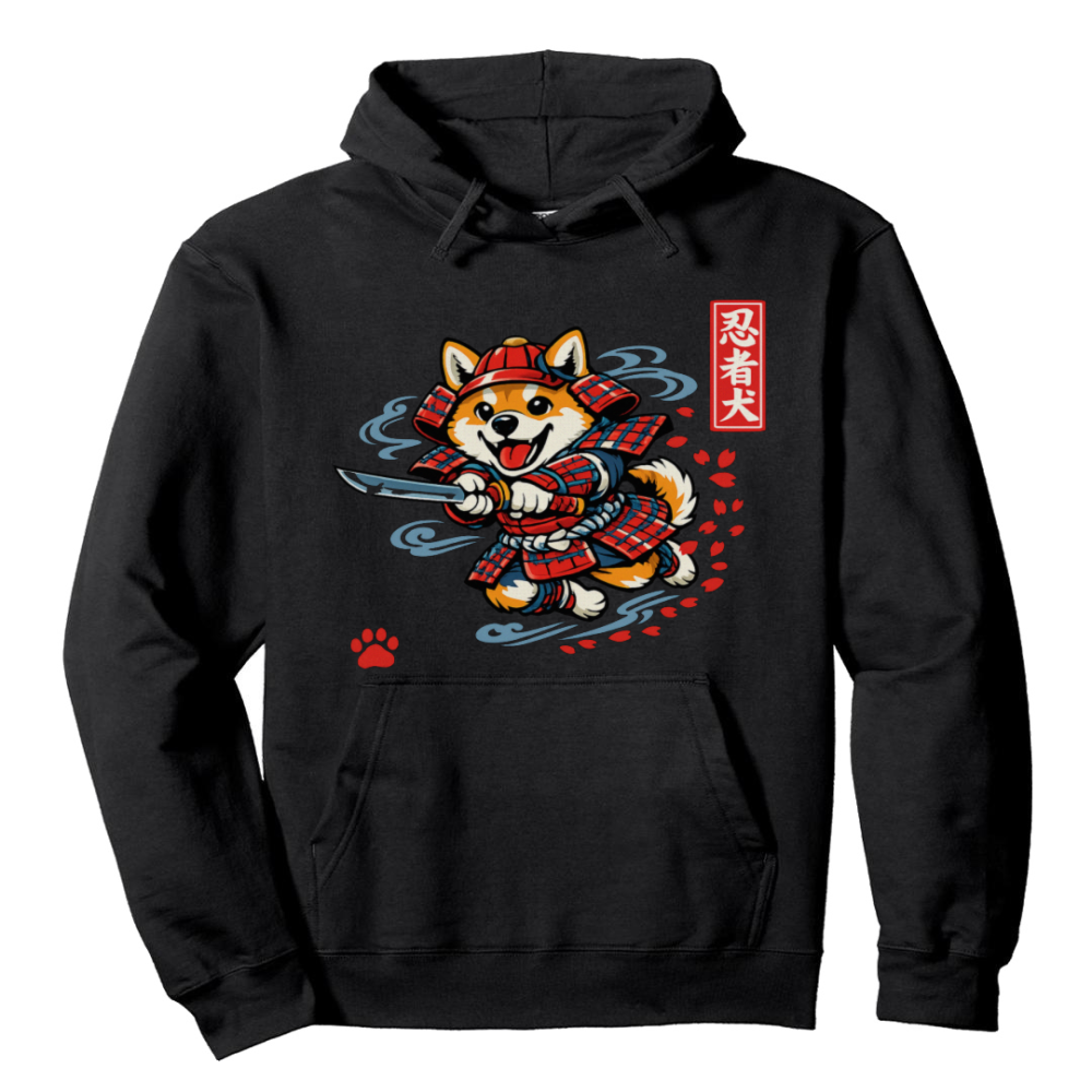 Ukiyo-e Shiba Samurai Playful Hoodie Jumping Shiba Whimsical Gifts for Men Women Boy Kids Pull Over Hoodie