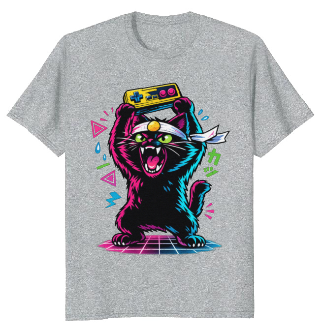 Retro Japanese Cat Gamer T-Shirt Neon Synthwave Playful Gifts for Men Women Boy Kids T-Shirt