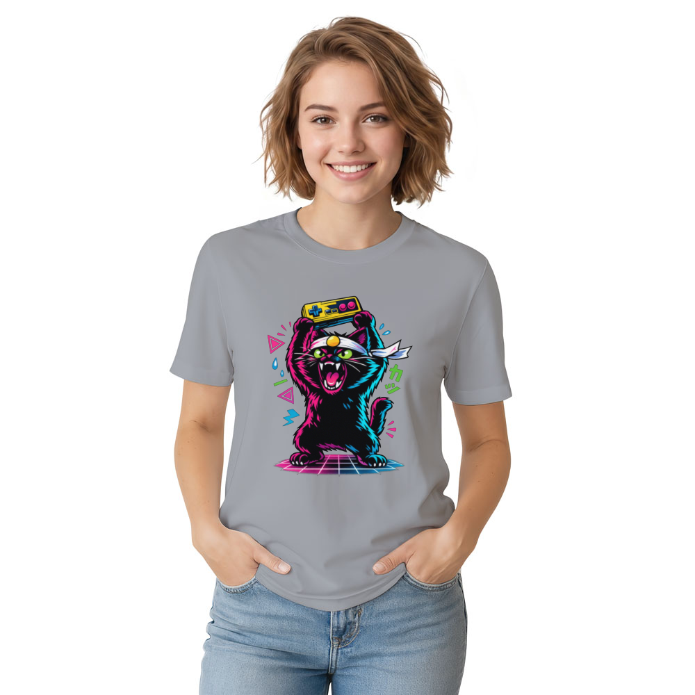Retro Japanese Cat Gamer T-Shirt Neon Synthwave Playful Gifts for Men Women Boy Kids T-Shirt