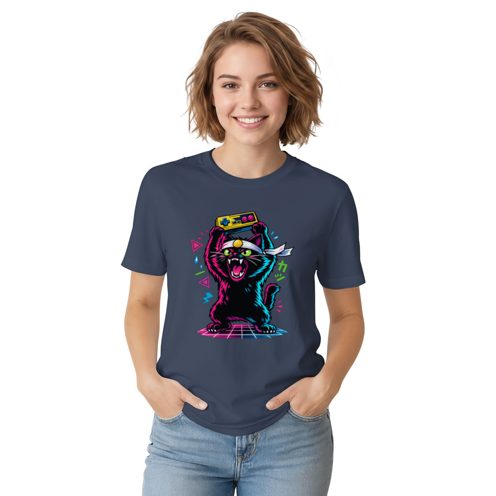Retro Japanese Cat Gamer T-Shirt Neon Synthwave Playful Gifts for Men Women Boy Kids T-Shirt