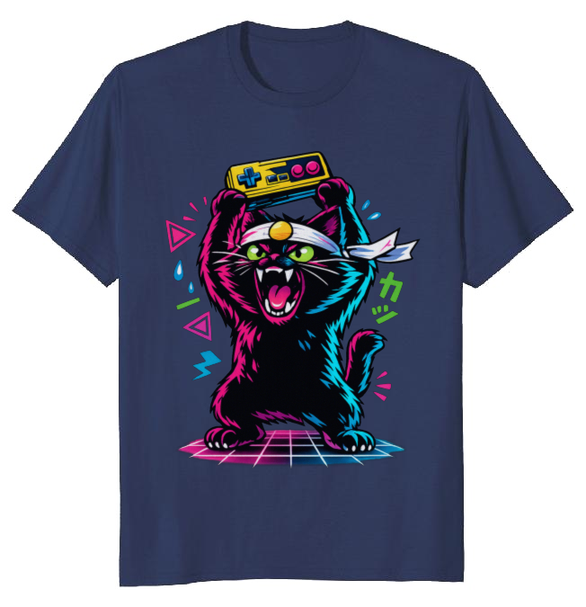 Retro Japanese Cat Gamer T-Shirt Neon Synthwave Playful Gifts for Men Women Boy Kids T-Shirt