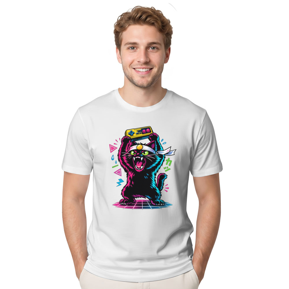 Retro Japanese Cat Gamer T-Shirt Neon Synthwave Playful Gifts for Men Women Boy Kids T-Shirt