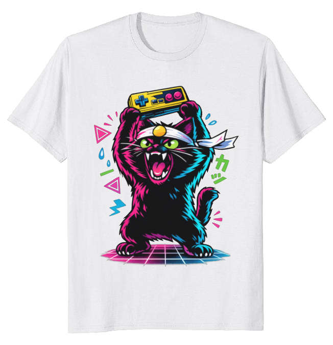 Retro Japanese Cat Gamer T-Shirt Neon Synthwave Playful Gifts for Men Women Boy Kids T-Shirt