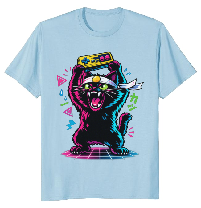Retro Japanese Cat Gamer T-Shirt Neon Synthwave Playful Gifts for Men Women Boy Kids T-Shirt