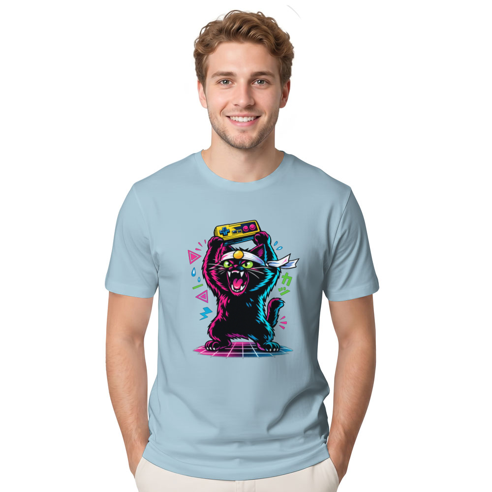 Retro Japanese Cat Gamer T-Shirt Neon Synthwave Playful Gifts for Men Women Boy Kids T-Shirt