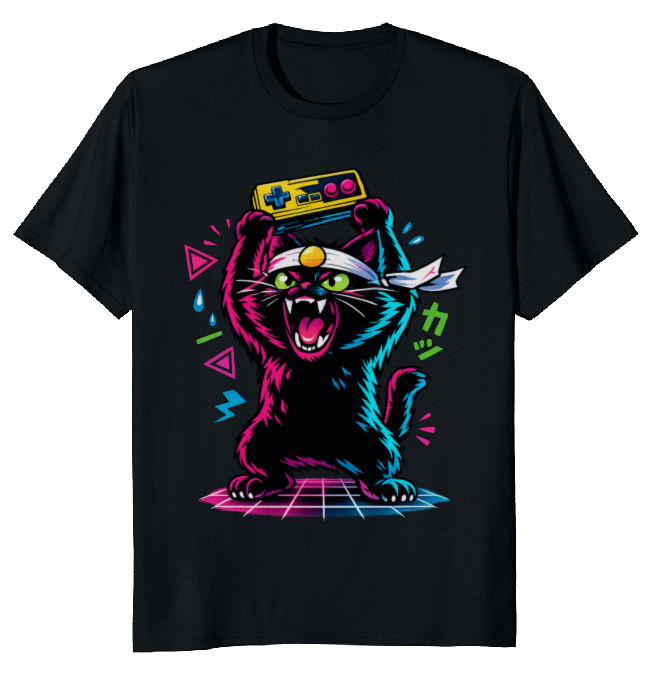 Retro Japanese Cat Gamer T-Shirt Neon Synthwave Playful Gifts for Men Women Boy Kids T-Shirt