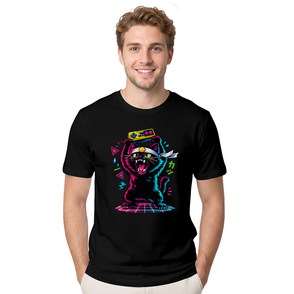 Retro Japanese Cat Gamer T-Shirt Neon Synthwave Playful Gifts for Men Women Boy Kids T-Shirt