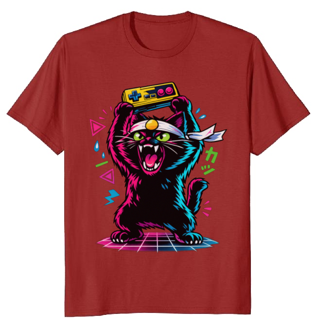 Retro Japanese Cat Gamer T-Shirt Neon Synthwave Playful Gifts for Men Women Boy Kids T-Shirt