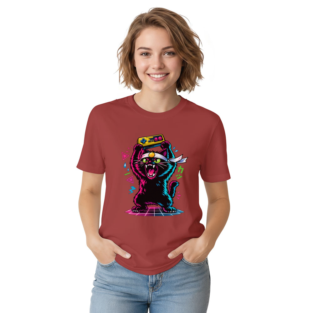 Retro Japanese Cat Gamer T-Shirt Neon Synthwave Playful Gifts for Men Women Boy Kids T-Shirt