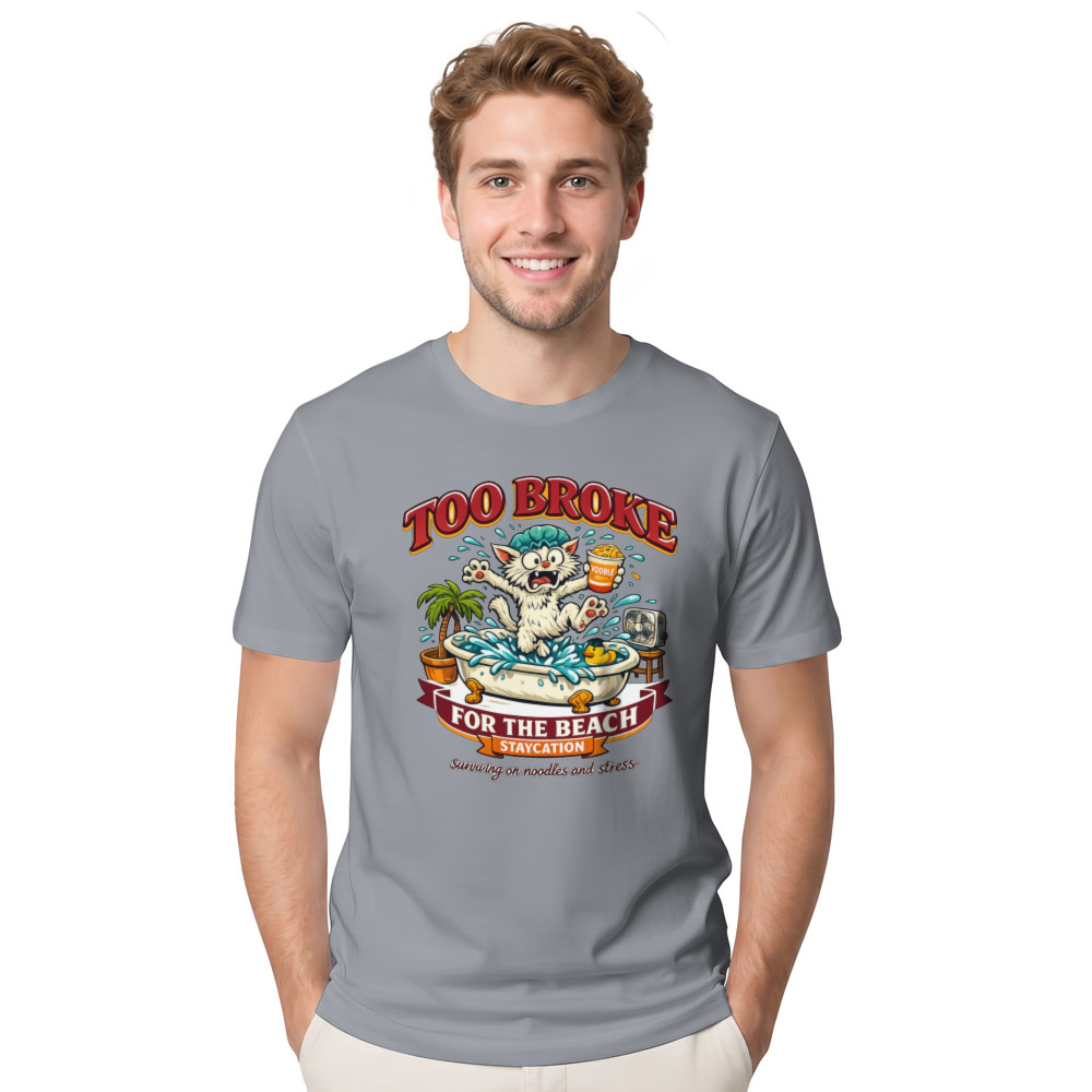 Too Broke for the Beach Cartoon Cat Retro Vector Tee Funny Gifts for Men Women Boy Kids T-Shirt