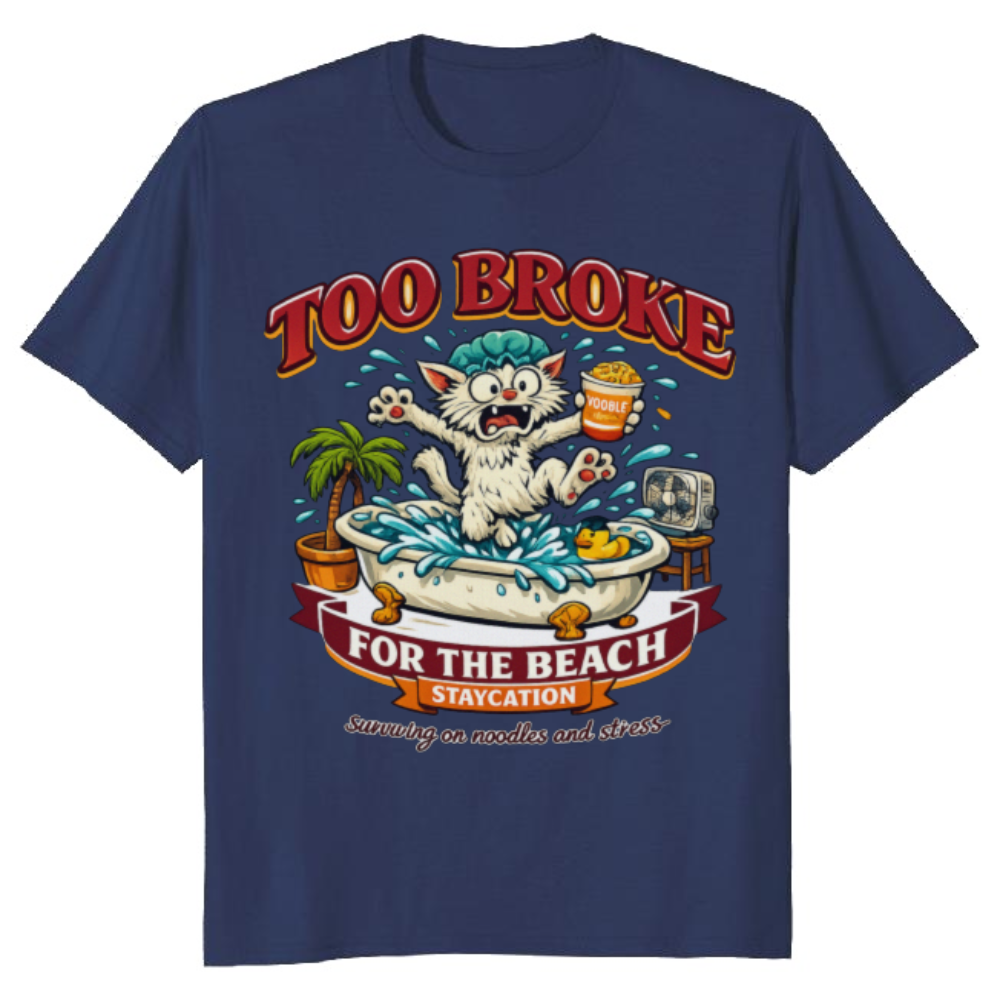 Too Broke for the Beach Cartoon Cat Retro Vector Tee Funny Gifts for Men Women Boy Kids T-Shirt