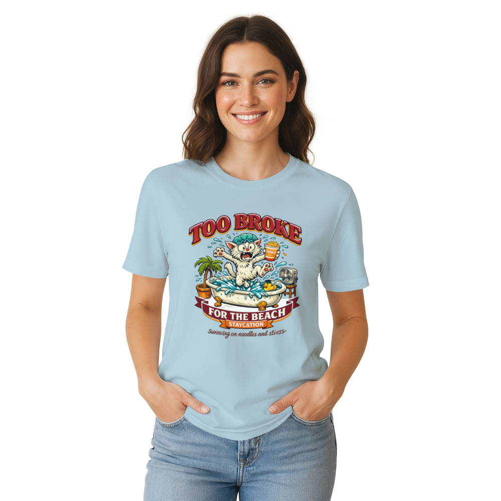 Too Broke for the Beach Cartoon Cat Retro Vector Tee Funny Gifts for Men Women Boy Kids T-Shirt
