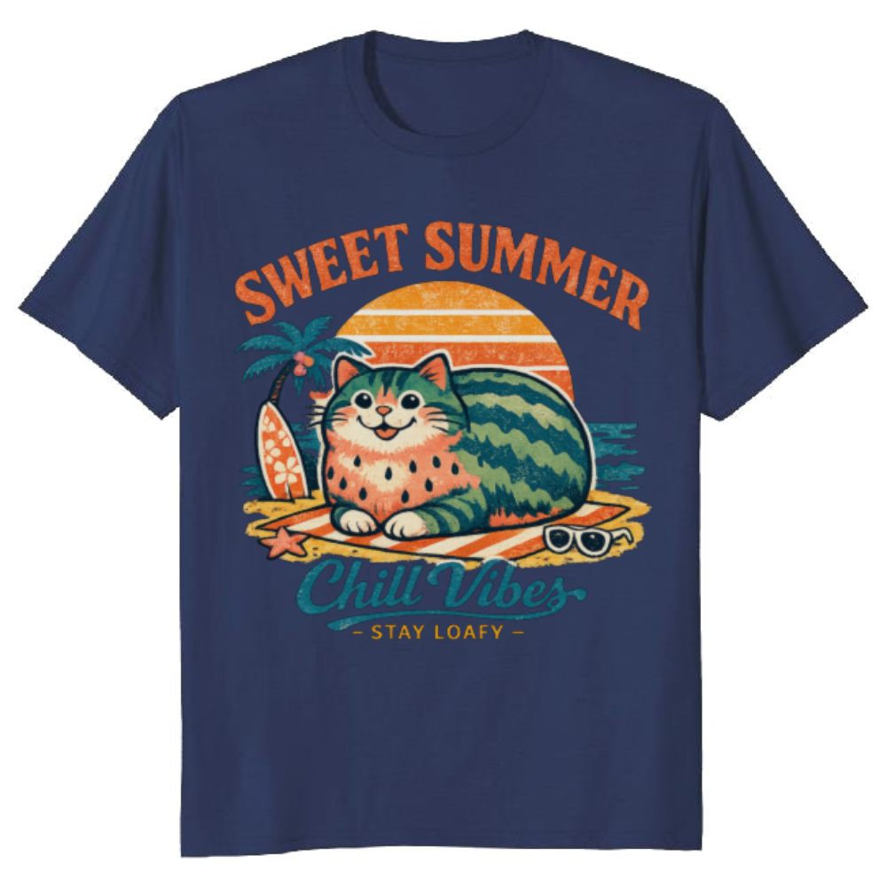 Retro Watermelon Cat Loaf Summer Graphic Tee Cute Gifts for Men Women Boy Kids T-Shirt