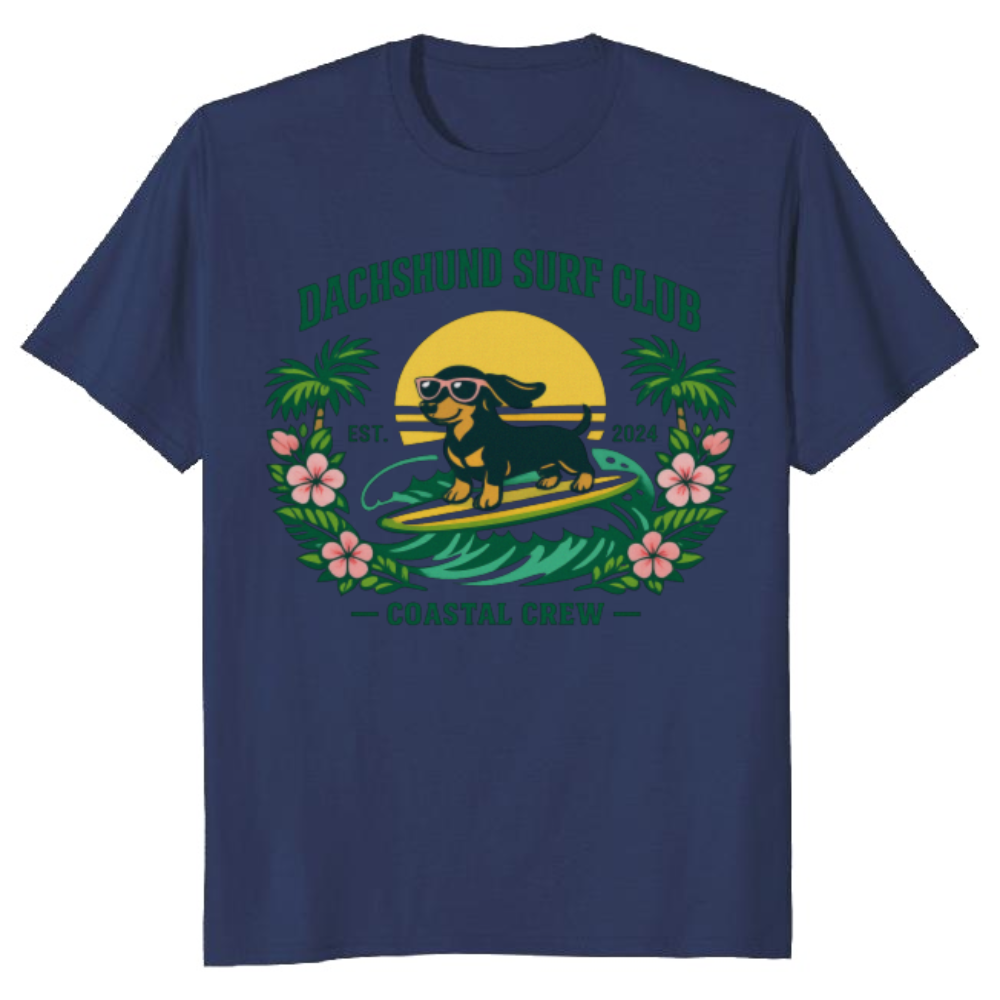 Ink5pire Threads Preppy Dachshund Surf Club T-Shirt Collegiate Tropical Graphic Cute Gifts for Men Women Boy Kids T-Shirt