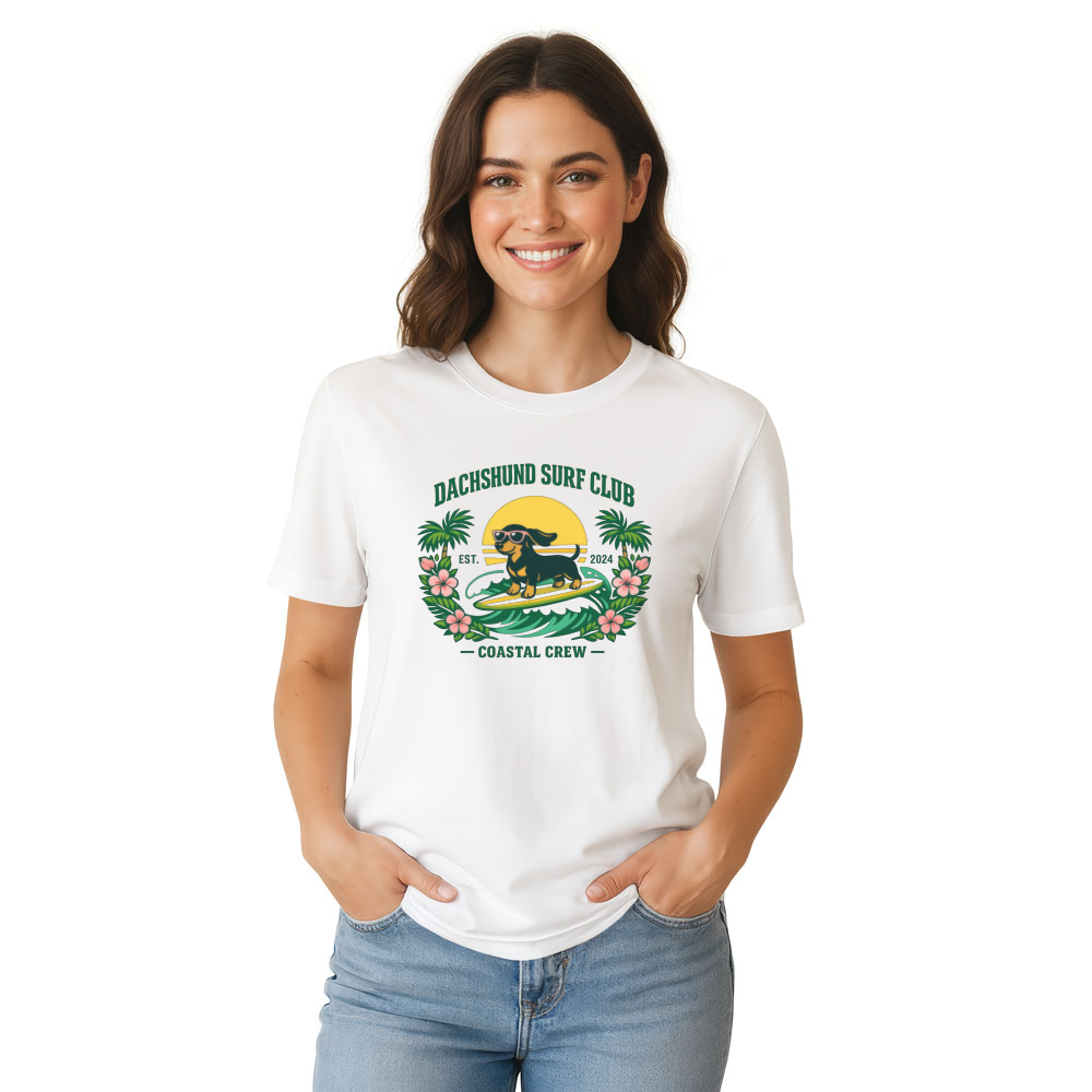Ink5pire Threads Preppy Dachshund Surf Club T-Shirt Collegiate Tropical Graphic Cute Gifts for Men Women Boy Kids T-Shirt