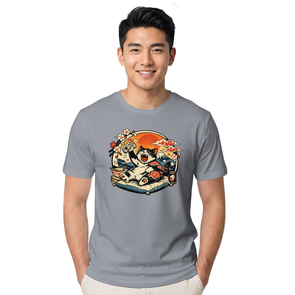 Ukiyo-e Otaku Cat Graphic Tee For Anime Gamers Unique Gifts for Men Women Boy Kids T-Shirt