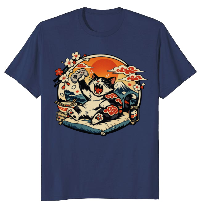 Ukiyo-e Otaku Cat Graphic Tee For Anime Gamers Unique Gifts for Men Women Boy Kids T-Shirt