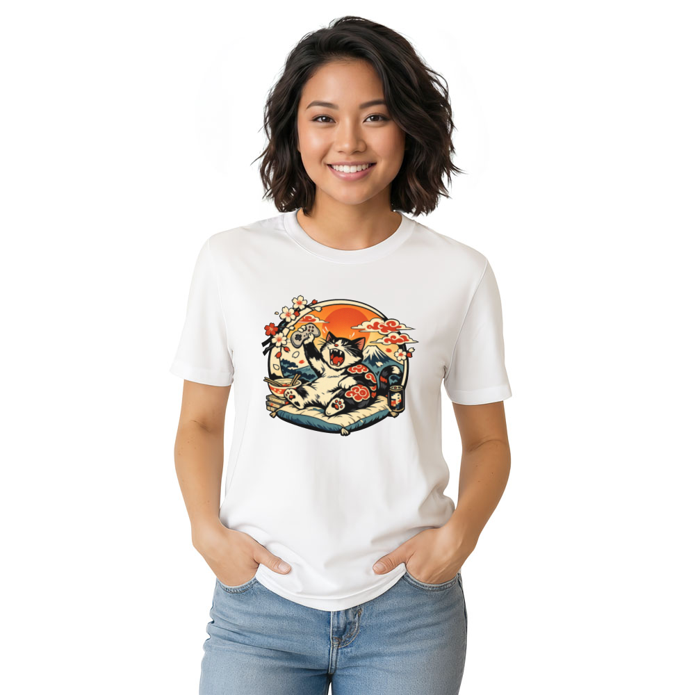 Ukiyo-e Otaku Cat Graphic Tee For Anime Gamers Unique Gifts for Men Women Boy Kids T-Shirt