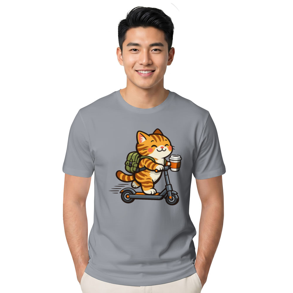Happy Tabby Commuter Scooter Cat T-Shirt Cozy Morning Coffee Design Cute Gifts for Men Women Boy Kids T-Shirt