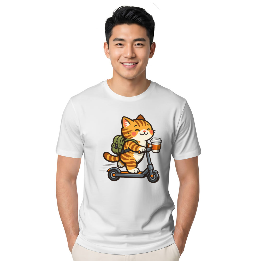 Happy Tabby Commuter Scooter Cat T-Shirt Cozy Morning Coffee Design Cute Gifts for Men Women Boy Kids T-Shirt